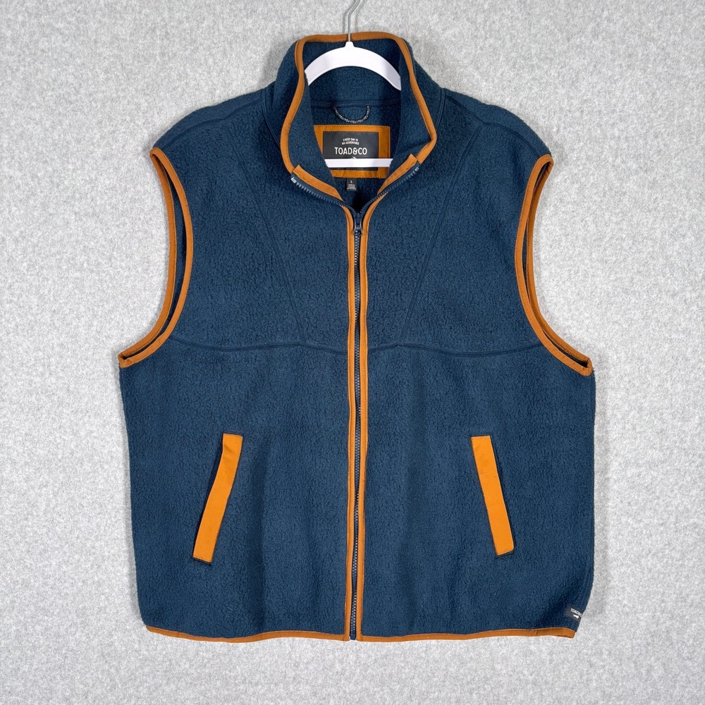 Toad & Co Campo‎ Fleece Vest Mens Teal Brown Trim Pockets GORP Hiking Trail Zip